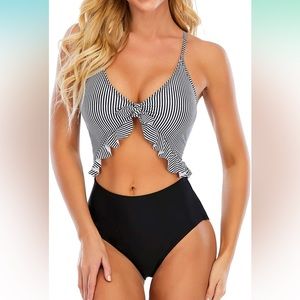 New Girl & Sea Cutout Ruffle Flounce Striped One Piece Monokini Bikini Swimsuit